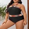 2026 Plus Size Floral Halter Patchwork One-Piece Swimsuit for Women