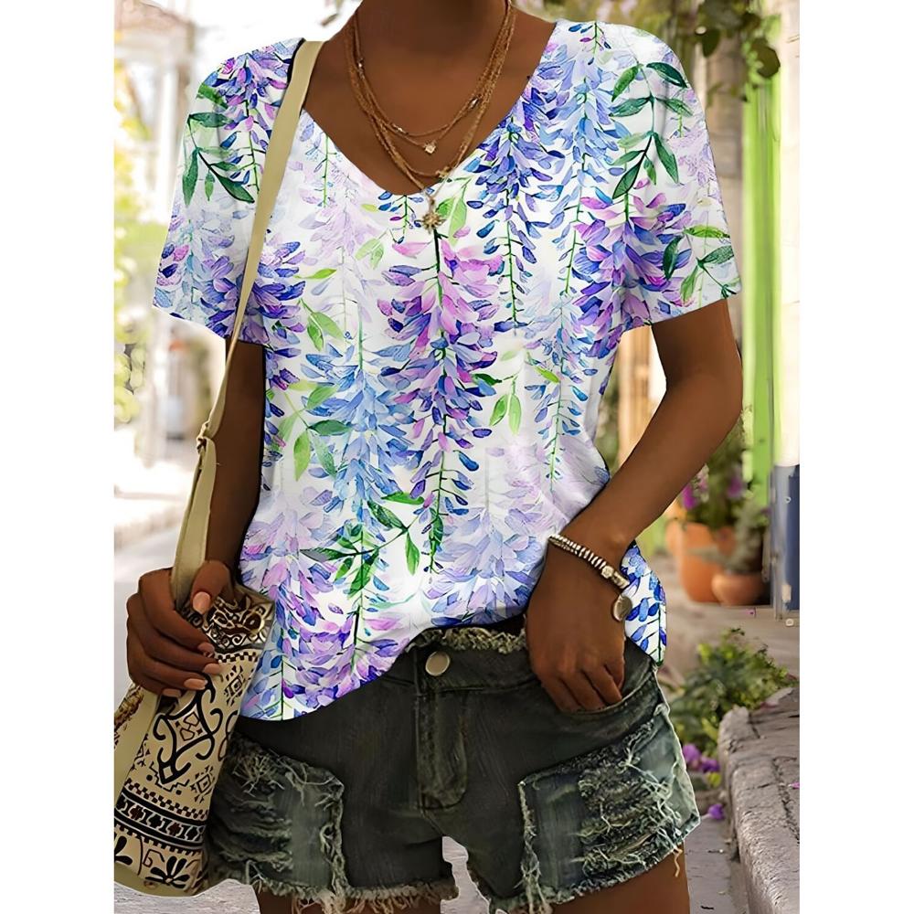 Letnia damska koszulka z kwiatami i roślinami Klasyczna casualowa Boho casualowa Krótki rękaw Dekolt V Regularne topy Codzienne drukowane Koszulki Y2K