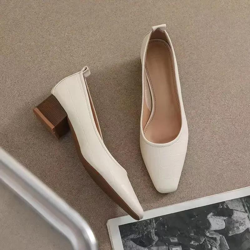 With Medium Heels Office Block Heel Square Chunky Shoes for Women Woman Pumps Toe Spring Summer 2025 Non Slip Luxury Brand Trend