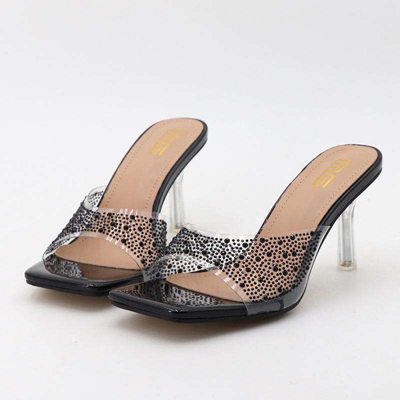 Fashion Shoes Slippers Soft Women Heels Glitter Slides Fashion Low Beige Heeled Sandals Pantofle Comfort High Jelly Summer Luxury Black