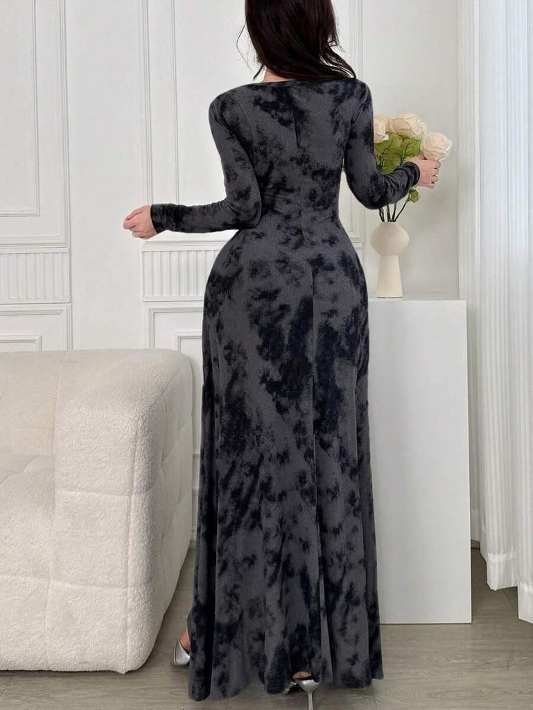 Women's Tie-dye Round Neck Long Sleeve Maxi Dress with Irregular Hem