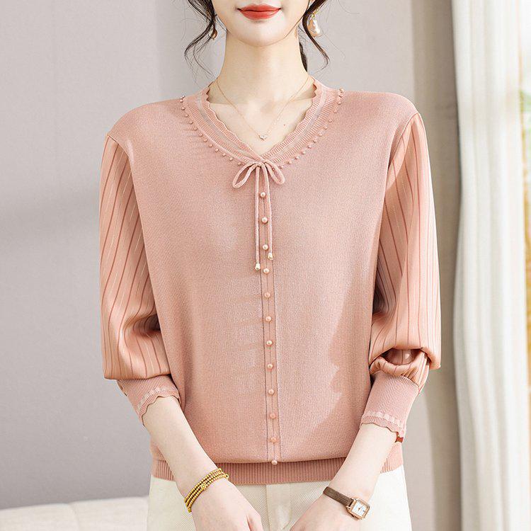 Fashion Casual V-Neck Lace-Up Knitwear Pullover for Women: Long-Sleeved Mother's Day Top