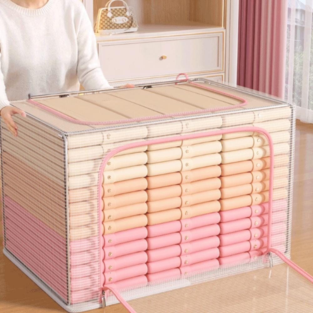 Large Capacity Clothes Storage Bin With Metal Frame Transparent Lid Foldable PVC Organizer For Bedroom Closet Laundry
