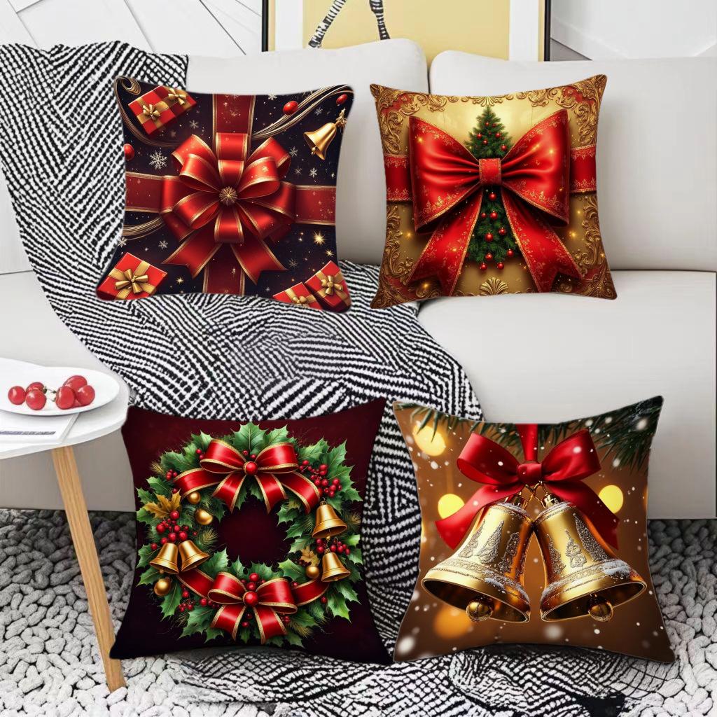 Christmas Pillowcase Holiday Bell Bow Element Decoration Sofa Atmosphere Decorative Linen Pillow