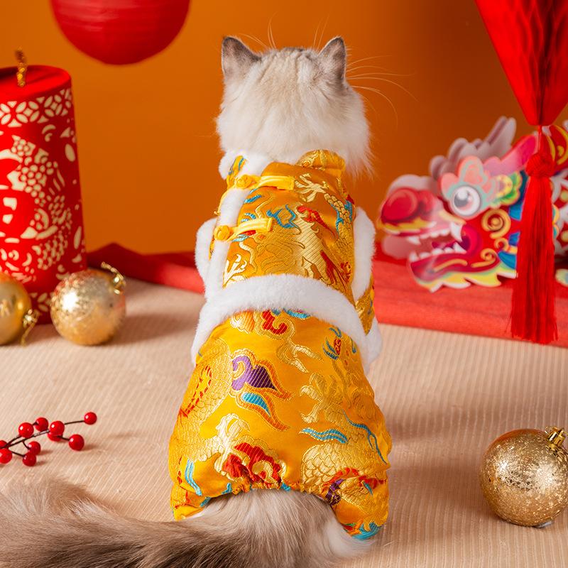 Pet Tang clothing Xiangyun Jinlong autumn and winter cat clothes into kittens and dogs New Year's four-legged cotton-padded clothes