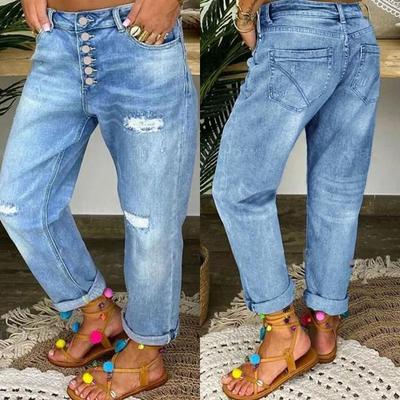 Autumn 2025 Women's Retro Loose Slimming Straight-Leg Ripped Button-Down Dad Jeans