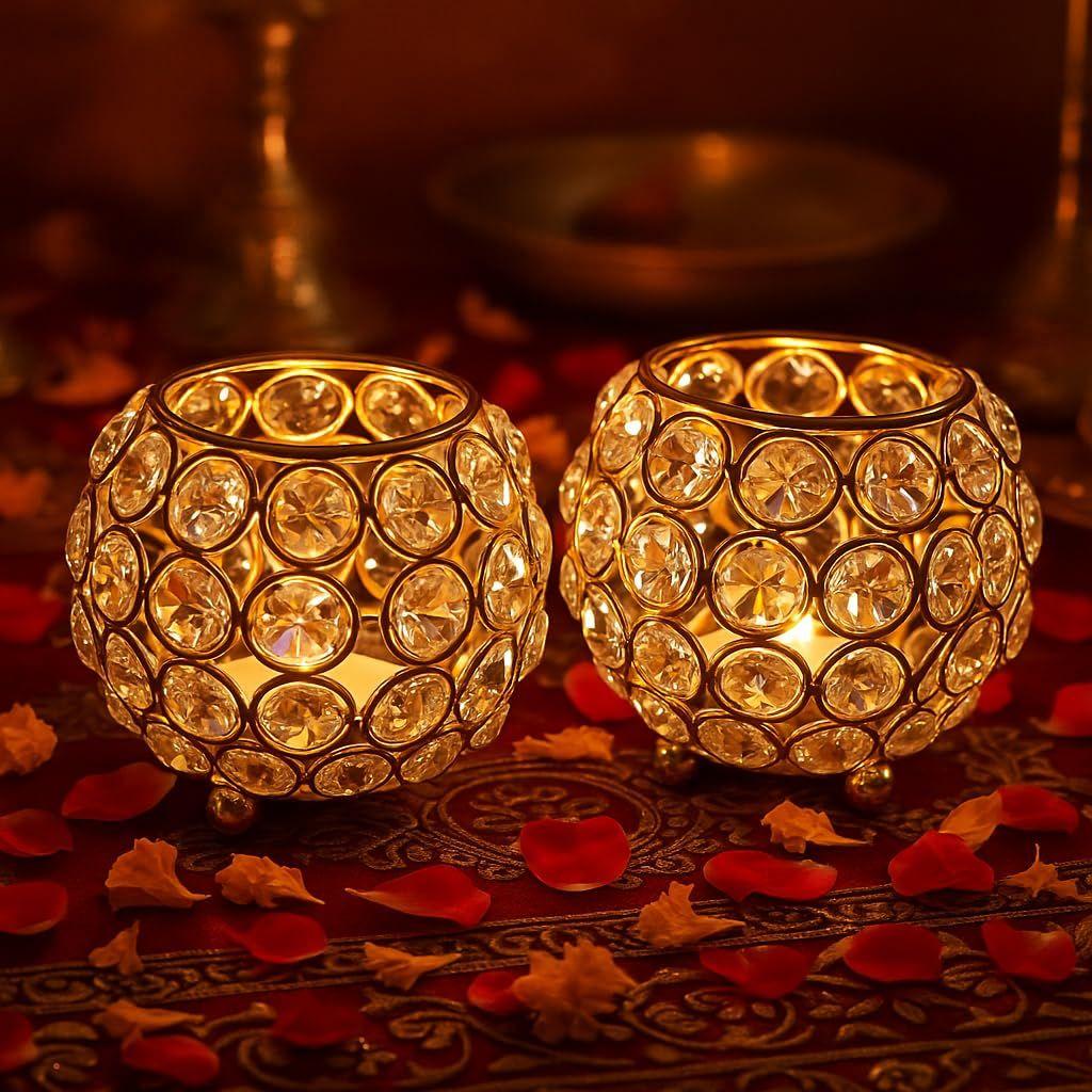 Pack of 2 Tea Light Crsytal Candle Holder - Pooja Diya Decoreation Items for Home Diwali Brass Puja Item Unique Christams Diwali Gift