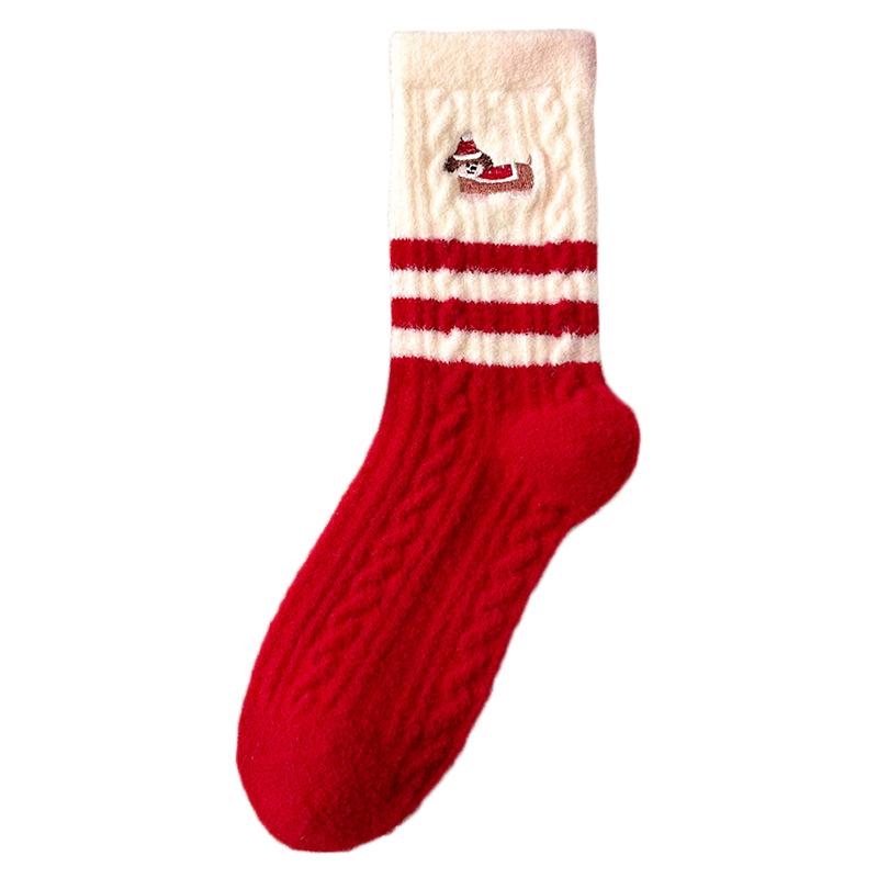 Red Australian Velvet Socks Embroidery Puppy Medium Tube Socks Winter Velvet Thickened Warm Cute Home Sleeping Socks Women