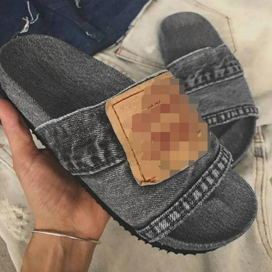 Plus Size Denim Slippers 2021: Women's Solid Color Single Strap Flat Sandals for Summer.