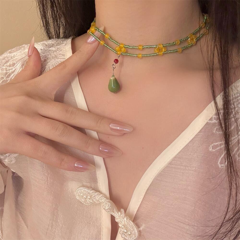 Minority Design Handmade Beaded Necklace New Chinese Style Ceramics Pendant Necklace  Women