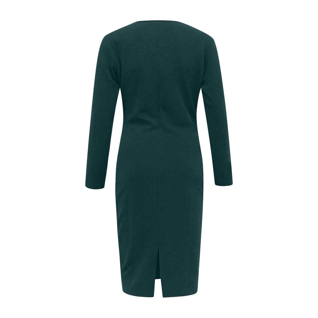 Ladies Fashion Long Sleeve V-neck Color Split Hip Packing Tight Dress