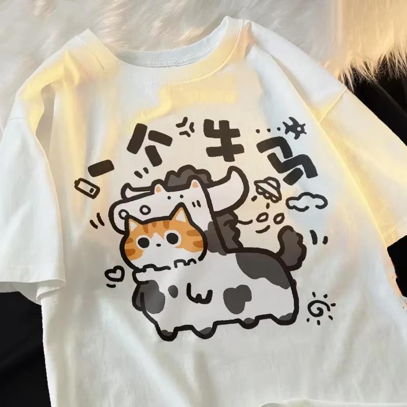 Funny Text Cartoon Print Short Sleeved Tshirt 2026 Summer New Trend Versatile Pullover Top Casual Fashion Unisexs Summer Clothing