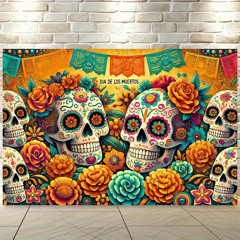 A vibrant background banner for the Day of the Dead celebration  featuring skeletons  flowers  and a  Day of the Dead  design 180X110
