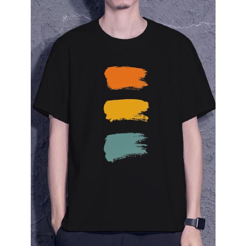 Men's-New- -Trending-Cotton-Graphic-Casual-Everyday-Black T Shirt with Orange Yellow And Teal Brush Stroke Design for Casual WearSoft Touch