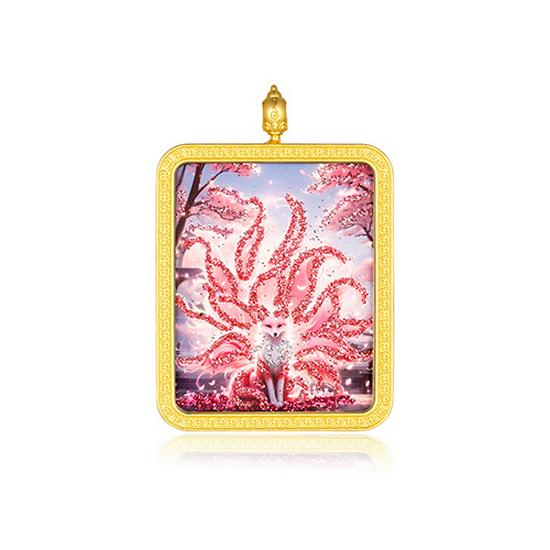 

Gold-Painted Cinnabar Powder Thangka Nine-Tailed Fox Amulet: Hand-Painted Square Fairy Fox Pendant