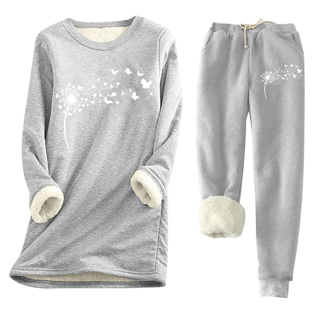 Women's Print Round Neck Warm Suit Long Sleeve Fleece Drawstring Sweatpants Two-Piece Set