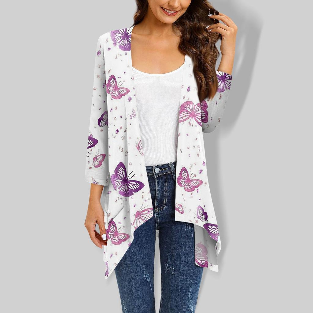 Women's Floral Print Irregular Three-quarter Sleeve Cardigan With Pocket Jacket