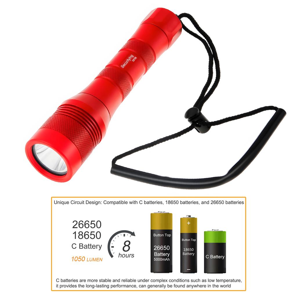 SecurityIng DF08 Scuba Diving Flashlight 1050LM Underwater 150m Deep Waterproof Torch Light with 9 Degree Beam Angle