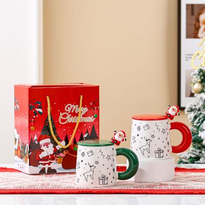 Weihnachten kreative kontrastfarbige Cartoon-Keramiktasse Santa Becher Studentengeschenk Wasserbecher mit Deckel Löffel Tasse
