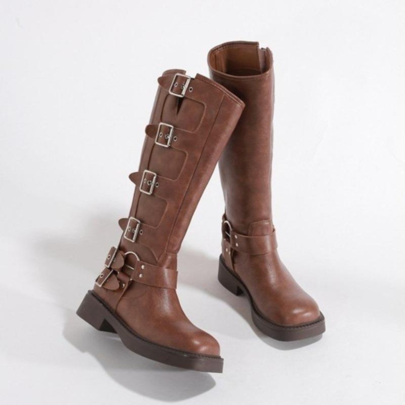 Fashion Fashion Metal Belt Buckle Block Heel Boots Women's New Retro Round Toe Platform No Knee Thigh Western Tall Boots