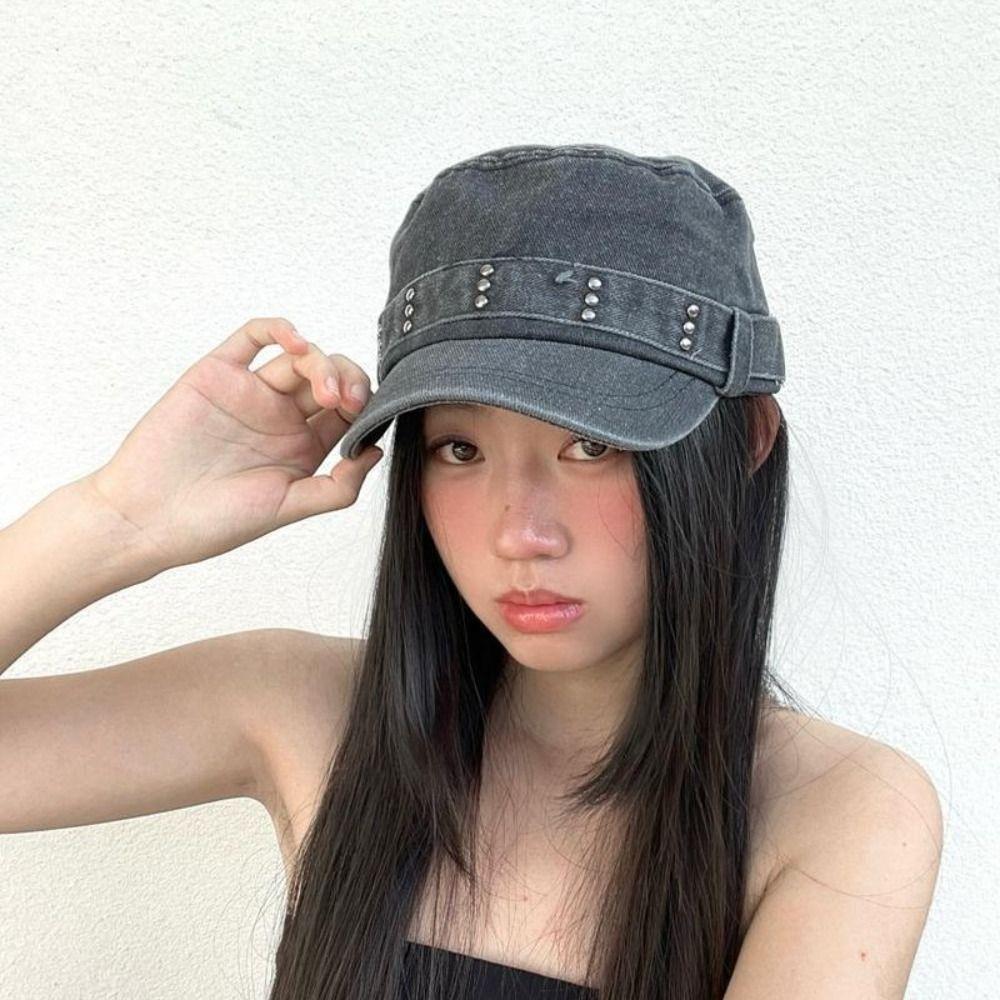 Washed Denim Peaked Cap Y2k Cadet Cap Fashion Flat Top Hat Men Women