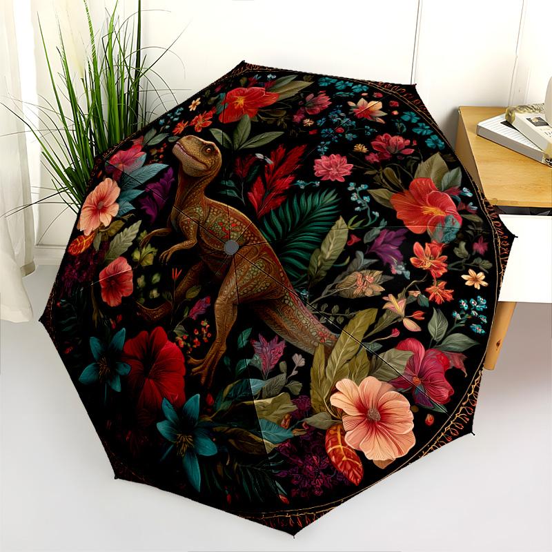 0106 Floral Chicken & Dinosaur  pattern, automatic folding umbrella, portable and foldable design, 8 ribs, a Christmas or birthday gift.