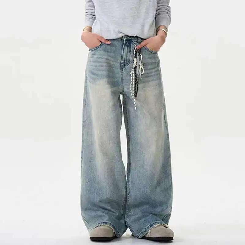 

BeatStreet Distressed Jeans Solid Color Washing Summer Men Trousers Loose Wide Leg Casual Straight Moustache Effect Male Bottom Asian Size XXL синій