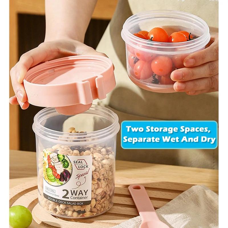 Sallad Havregrynsmugg 500ml+300ml Läcksäkert Lock med Gaffel Sked Handledsrem Bärbar Bento Matlåda för Kontor Gym Resa