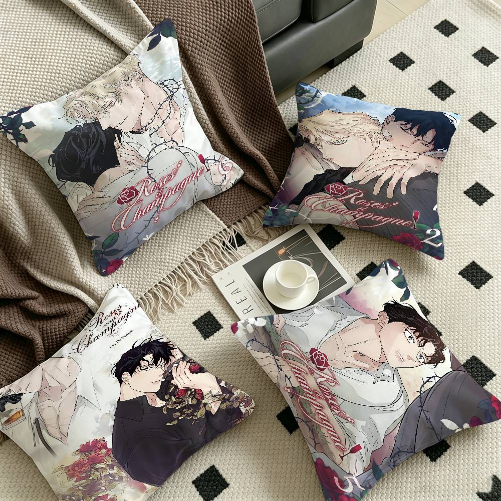 Korean Manhua Roses And Champagne Pillowcase Toon Gift Cushion Cover Bedroom Home Sofa Chair Seat Decor Pillow Case