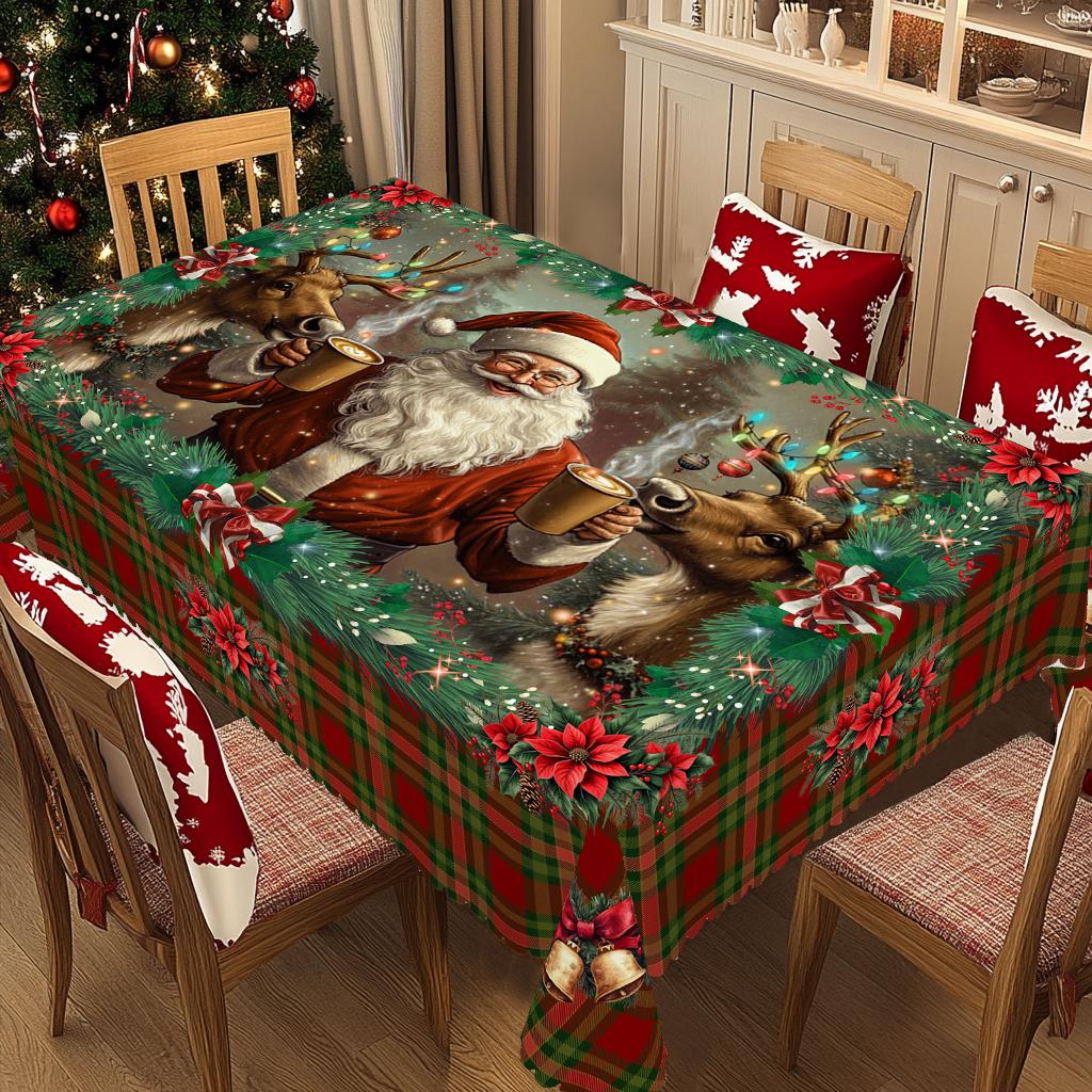 Kerst Vintage Boerderij Tafelkleed met Kerstman, rendieren & Kerstboom prints. Rechthoekige & ronde maten voor Kerst/Nieuwjaarsfeesten, keuken, binnen & 152X305Cm
