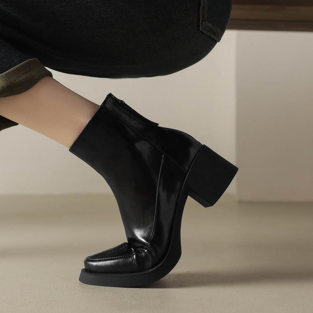 Krazing Pot Cow Skin Winter Round Toe Chunky Heels Motorcycle Boots Size 43 Zipper Women Platform Ankle Boots