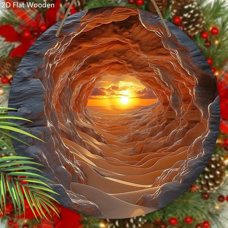 Unique Wooden Sign with Exploring The Sunrise From The Cave Pattern, Round Artwork for Front Door Wall Hanging Decor, Ideal Home Decoration