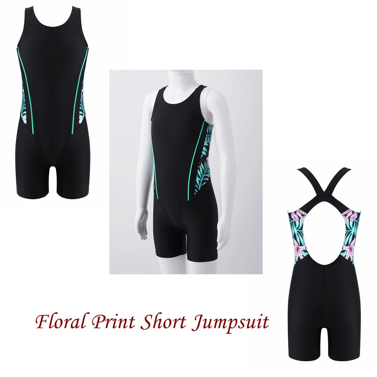 

Kids Girls One-piece Swimwear Open Back Print Short Jumpsuit Bodysuit for Beach Pool Swimming Bathing