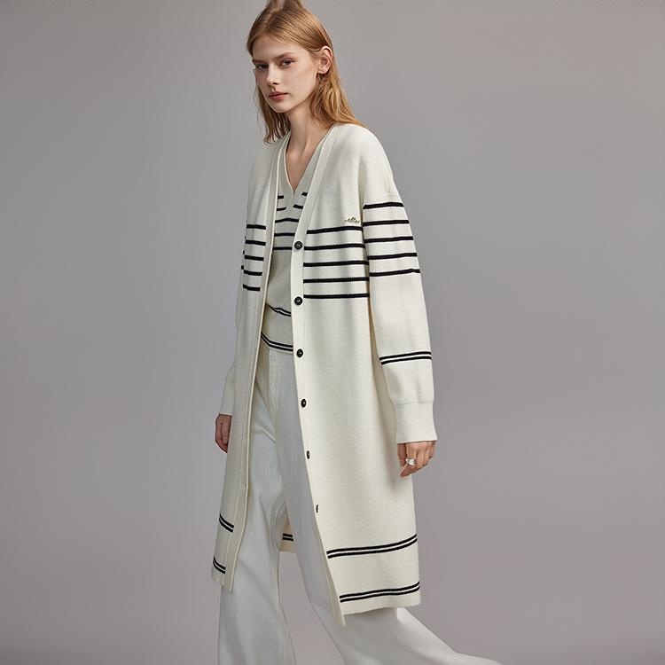 ELLE Striped Color Block Loose Fit Slimming V Neck Mid Length Long Sleeve Sweater Women sweater Off-White EM47302