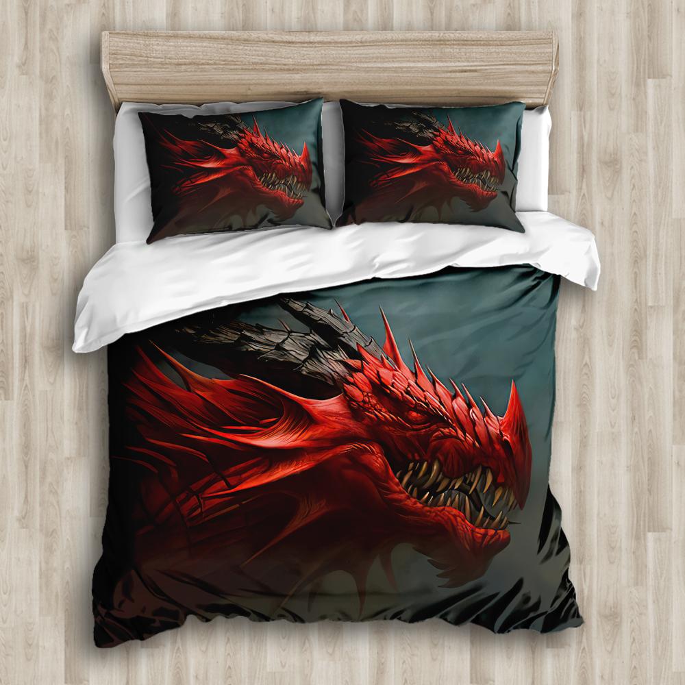 Sada povlečení s drakem King Queen Twin Full Size 3D potisk Obrovský létající drak Šedá Červená barva pro chlapce dívky Polyesterová sada povlečení