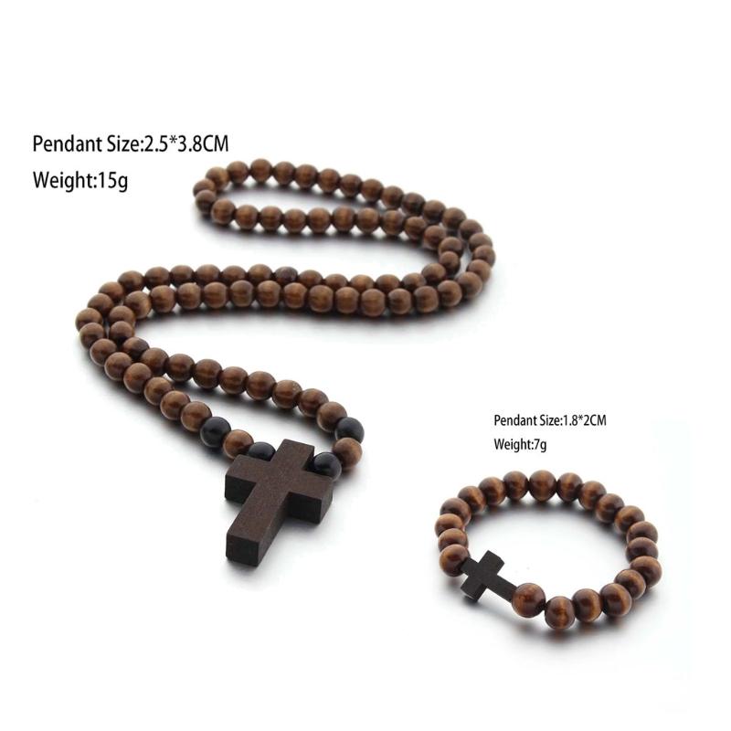 Classic Natural Wood Beads Crucifix Pendant Necklace for Men Women Religious Rosary Jewelry Handmade Prayer Accessories
