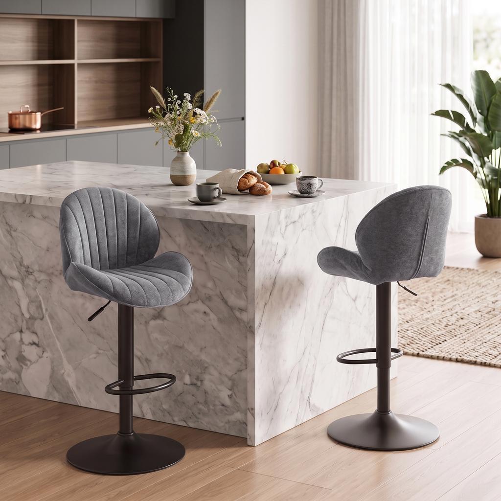Bar Stools, Set of 2, Adjustable Height, 360 Swivel, Padded Seat, Backrest, Footrest, Grey