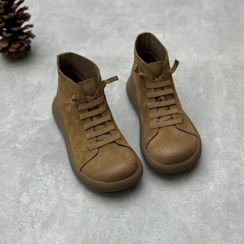 Women Genuine Leather Short Boots Round Toe Genuine Leather Handmade Retro Street Style Winter Warm Flats Ankle Boots