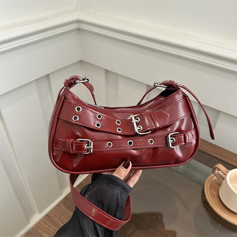 Y2k Retro Rivet Simple Women Shoulder Bag Solid Color Commuter Cool Hot Girls Pu Handbags Casual Ladies Underarm Crossbody Bags