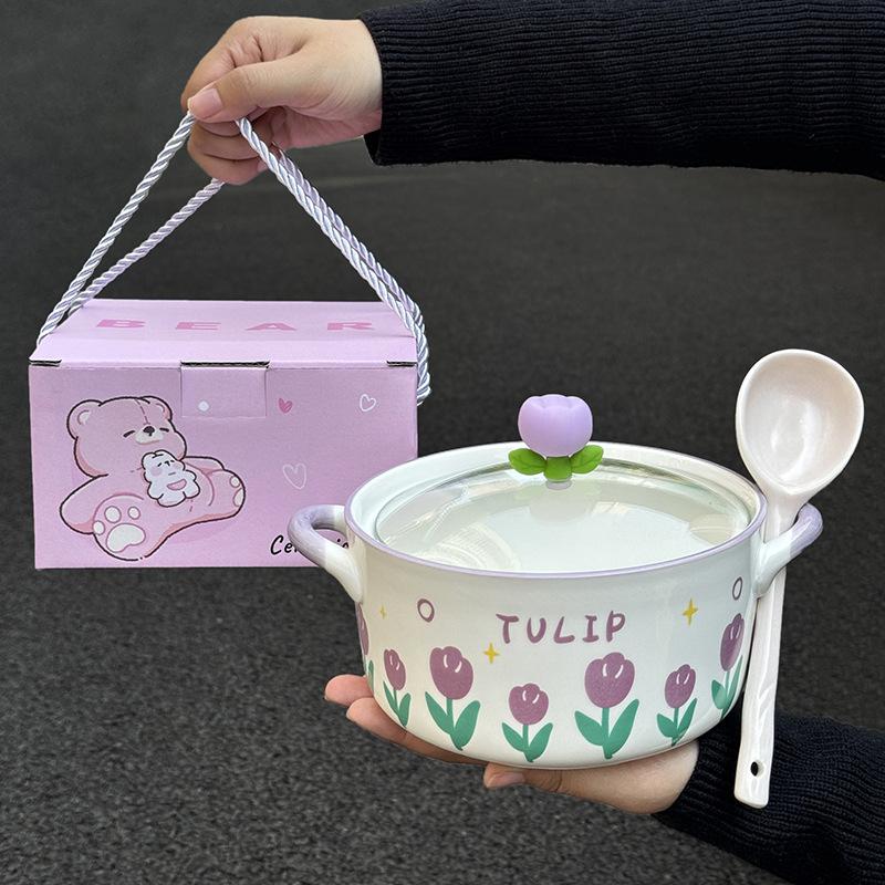 ins Tulip Ceramic Instant Noodle Bowl with Lid Student Dormitory Snail Powder Bowl for Girls Birthday Gift Box