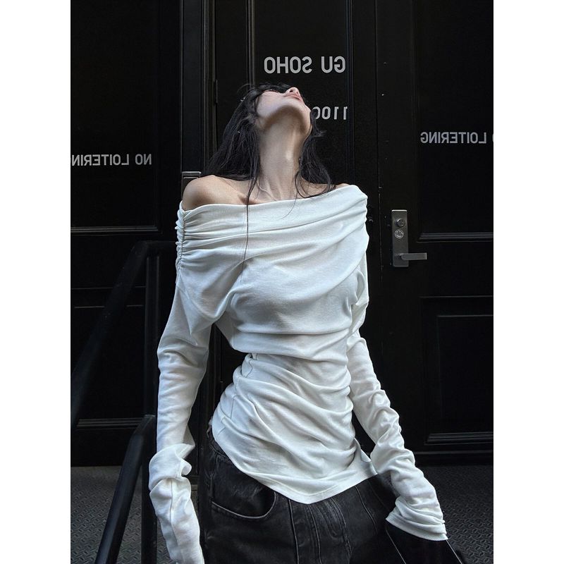 

Korean Sweet Warden Edge White Off-Shoulder T-Shirt for Women, Autumn Slim Fit Ruched Long Sleeve Base Top White S