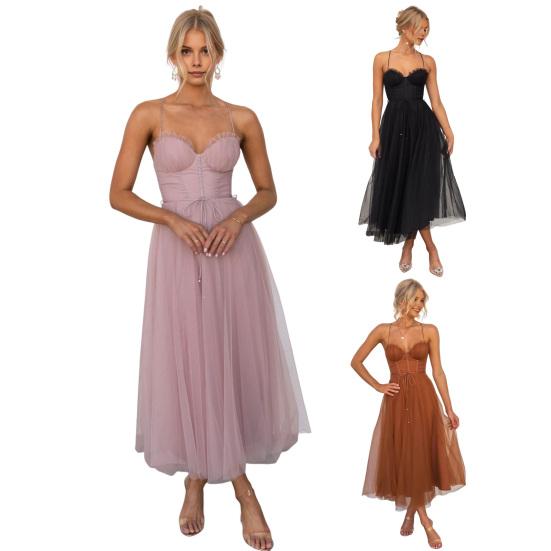 Damen Mesh Swing Cocktailkleid Ärmellos Spaghetti-Träger A-Linie Tüllkleid Formelles Hochzeitsgastkleid