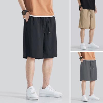 Men Shorts Adjustable Drawstring Waist Casual Trousers with Reinforced Pockets Solid Color Wide Leg Summer Sport Shorts