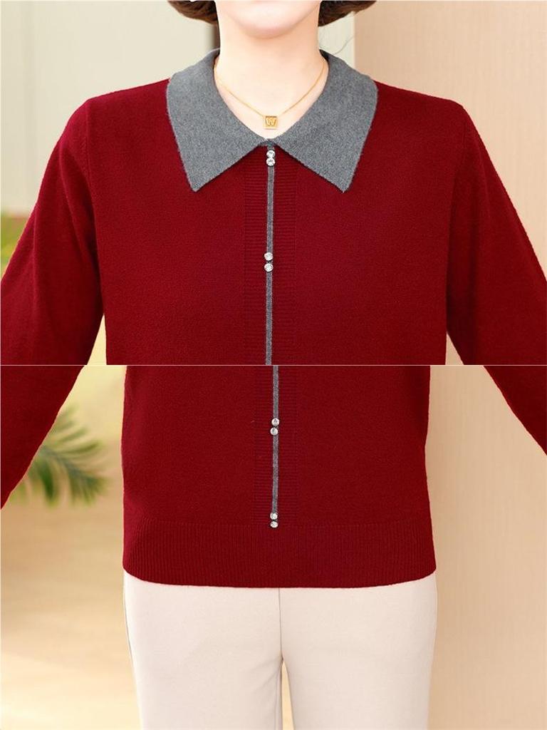 Elegant Knit Lapel Sweater for Middle-aged and Elderly Women—Long Sleeve Base Layer for Spring and Autumn