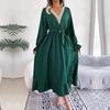 Dresses Solid Color Summer Women A Line V Neck High Waist Ruffle Edge Lace Up Spring