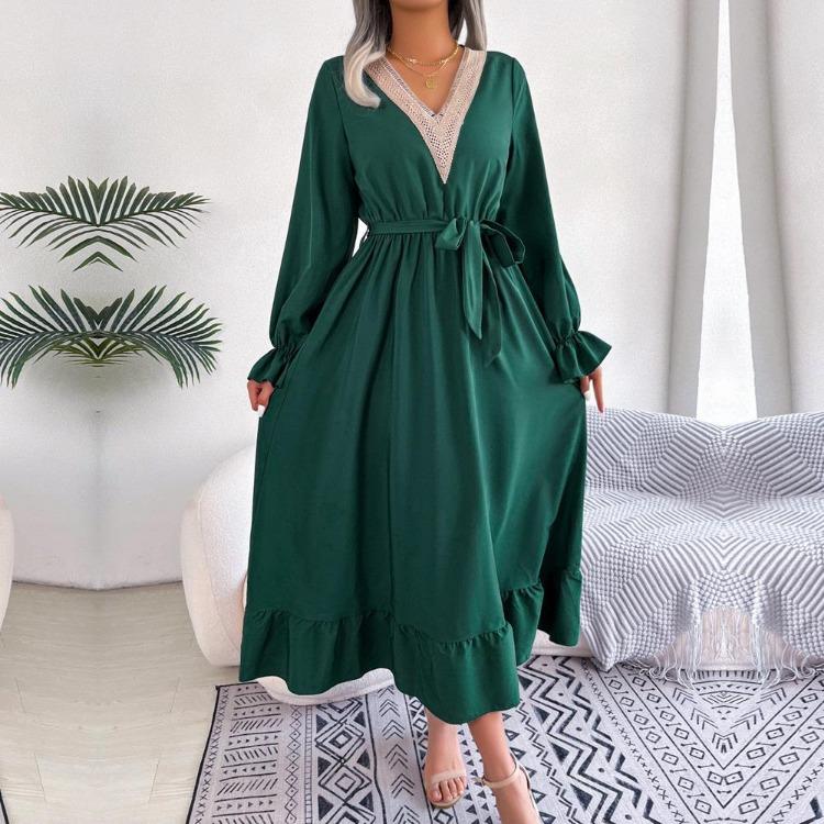 Dresses Solid Color Summer Women A Line V Neck High Waist Ruffle Edge Lace Up Spring