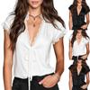 Womens Short Sleeve V Neck Lace Trim Blouse Tie Front Casual Loose Fit Top for Everyday Office Wear