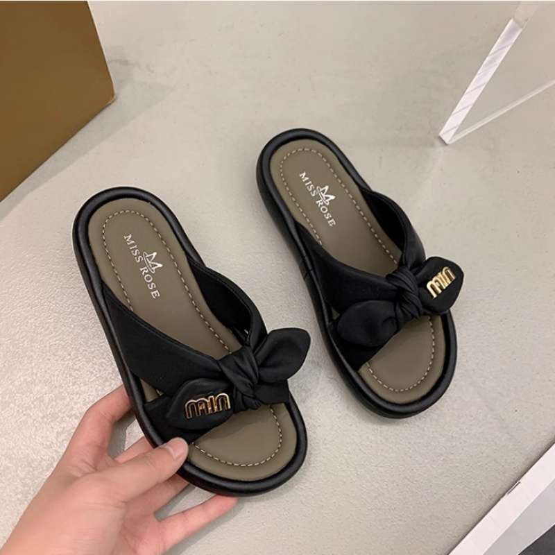 Bow popular slippers women's summer wear 2025 new soft-soled non-slip pregnant women sandals go out one-word shoes women
