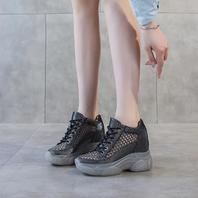 Fashion 8CM Air Mesh Synthetic Microfiber Chunky Sneakers Summer Women Shoes Platform Wedge Hidden Heels Sandals Leather Pumps Flats