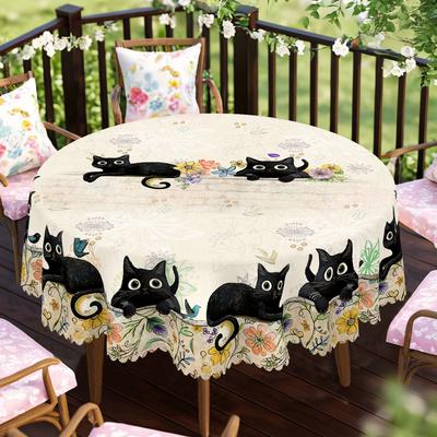 1 Pezzo Tovaglia Primaverile Rotonda e Rettangolare, Disponibile in Varie Misure, Tovaglia Decorativa con Elegante Design a Motivo Stampa Gatto, Cortile Ta
